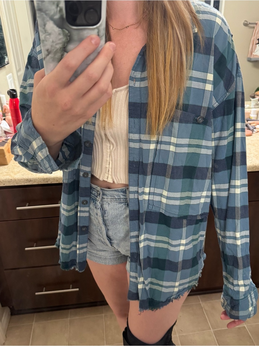 Free People Blue Plaid Button-Down Shirt